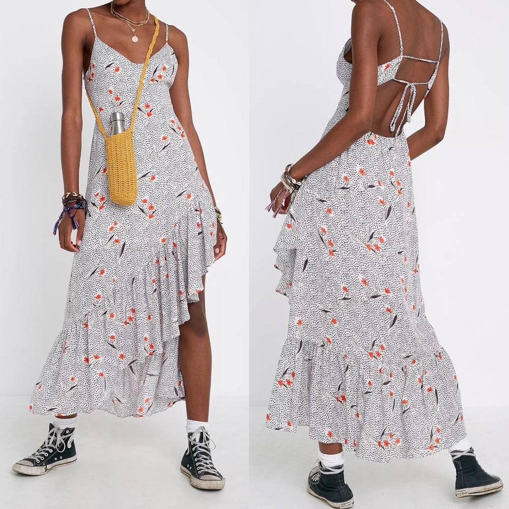 UO Fireworks Printed Tie-Back Ruffle Midi Dress size L modal floral open back